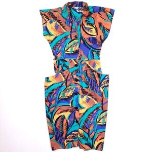 Vintage 80s Abstract Tropical Midi Dress Sleeveless Padded Shoulder Multicolor
